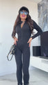 Black, stretchy jumpsuit with front zipper